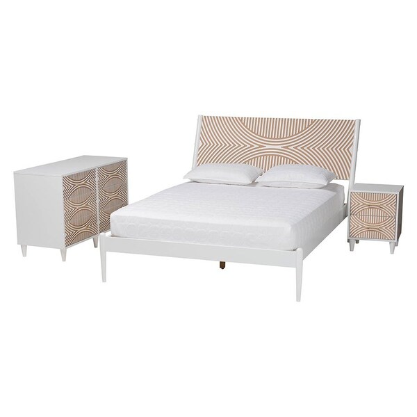 Baxton Studio Louetta Coastal White Caved Contrasting King Size 3-Piece Bedroom Set 246-13624-13628-13625-ZORO - main